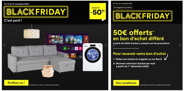 Black Friday BUT : 50€ offerts en bon d’achat dés 300€ d’achat et promotions jusqu’à -50%