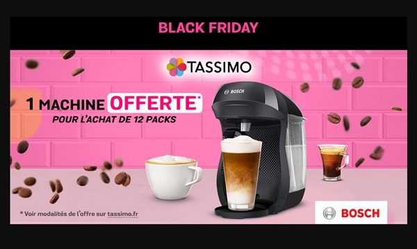 Offre Black Friday Tassimo : 1 machine offerte pour l'achat de 12 packs de dosette (soit 59€)