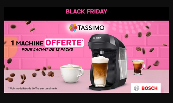 Offre Black Friday Tassimo : 1 machine offerte pour l’achat de 12 packs de dosette (soit 59€)