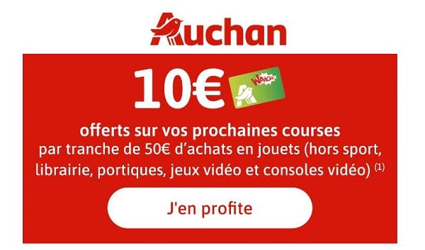 10€ offerts en bon achat par tranche de 50€ d'achats dans le rayon jouets sur auchan