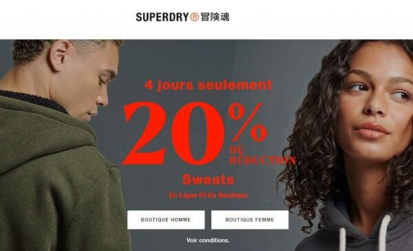 20% de remise sur les sweats avec ou sans capuche superdry