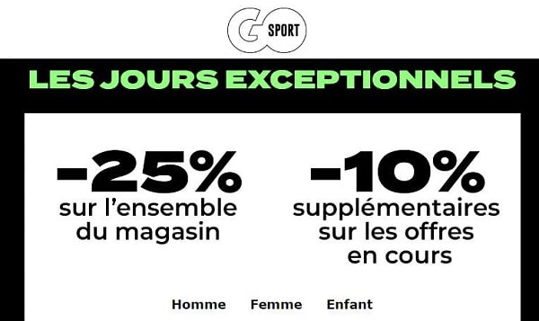 Jours exceptionnels de Go Sport : -25% sur tous les articles / -10% sur les articles en promotion