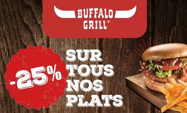 1€ pour obtenir 25% de remise sur tous les plats des restaurants Buffalo Grill