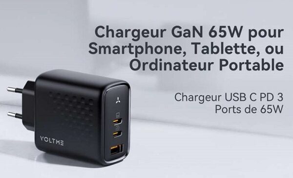 chargeur gan 2 ports usb c et 1 port usb a voltme 65w