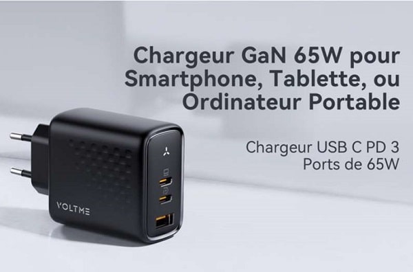 chargeur gan 2 ports usb c et 1 port usb a voltme 65w