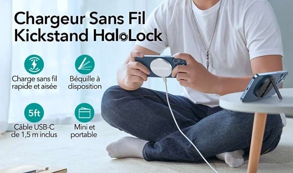 chargeur rapide sans fil avec béquille halolock esr compatible magsafe