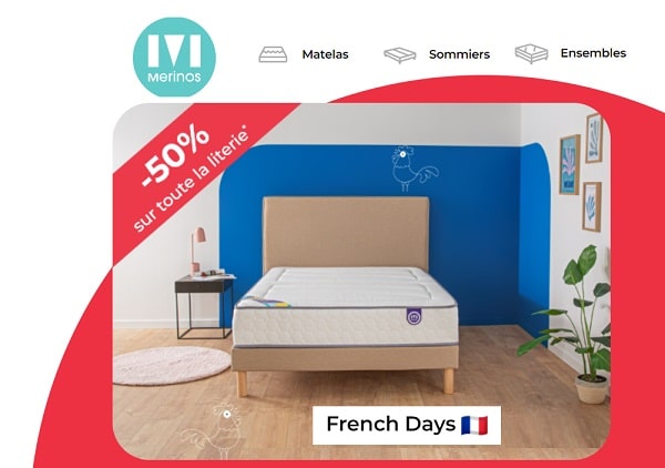 Grosses affaires pour les French Days Merinos avec 50% de remise sur toute la literie