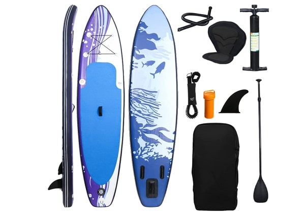 set avec paddle board gonflable cecaylie premium + pagaie + pompe + siège + sac et accessoires