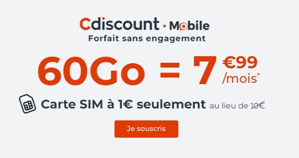 offre spéciale forfait mobile cdiscount mobile à 7€99 pour 60 go