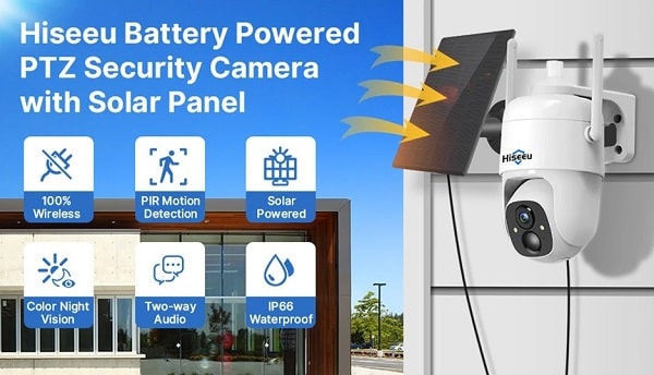 caméra de surveillance extérieure rotative avec panneau solaire hiseeu cq1