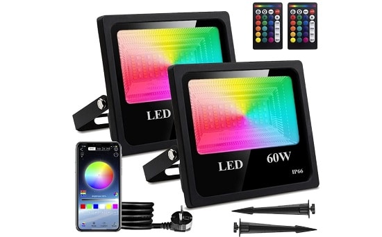 47,8€ lot de 2 projecteurs de jardin 60W avec télécommande et commande App 16 millions de couleurs Nuoante