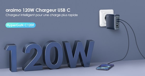 puissant chargeur usb c hypergan 120w avec 4 ports oraimo