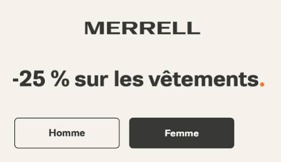 25% de remise sur les vêtements merrell