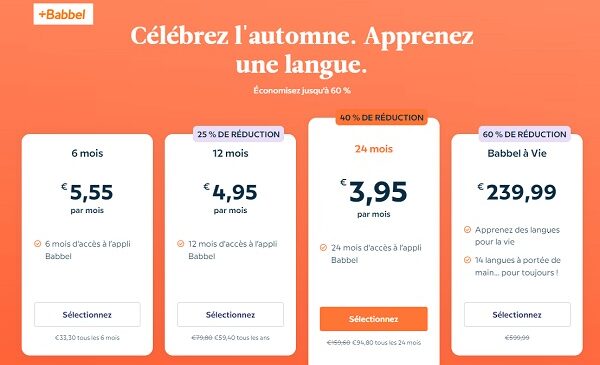 célébrez l'automne jusqu'à 60% de réduction sur votre abonnement babbel