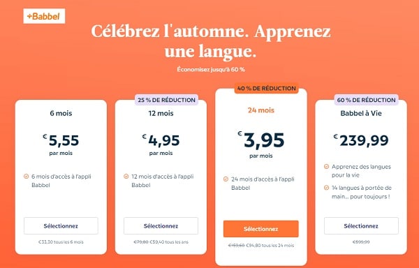 célébrez l'automne jusqu'à 60% de réduction sur votre abonnement babbel