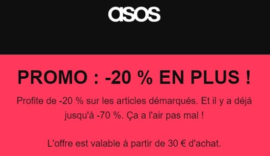 remise supplémentaire de 20% sur les articles en promotion chez asos