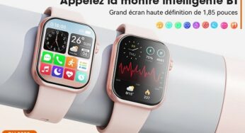 22,99€ montre connectée étanche Mingtawn avec écran 1,85′ disponible en rose ou noire (cardiomètre, pression artérielle, avec microphone et haut-parleur…)