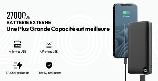 puissante batterie externe 27000mah feelle avec affichage