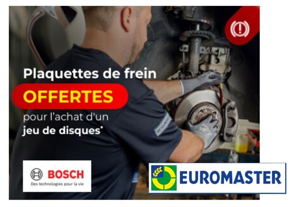 1 jeu de disques acheté et monté chez Euromaster = les plaquettes de frein Bosch gratuite