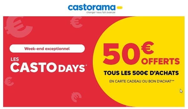 Castodays : Recevez 50€ en bon d’achat pour chaque tranche de 500€ d’achats sur Castorama !