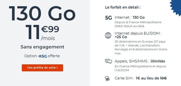 forfait mobile 5g 130go cdiscount mobile à 11,99€