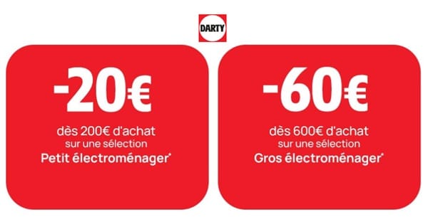 Offre flash électroménager sur Darty 20€ remise petit électroménager, 60€ gros électroménager