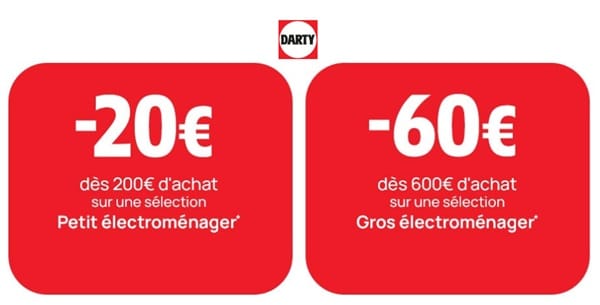 Offre flash électroménager sur Darty : 20€ de remise sur le petit électroménager, 60€ de remise sur le gros électroménager