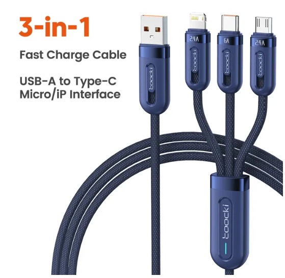 câble de charge rapide 3 en 1 Toocki USB-A vers USB-C, Micro USB et Lightning