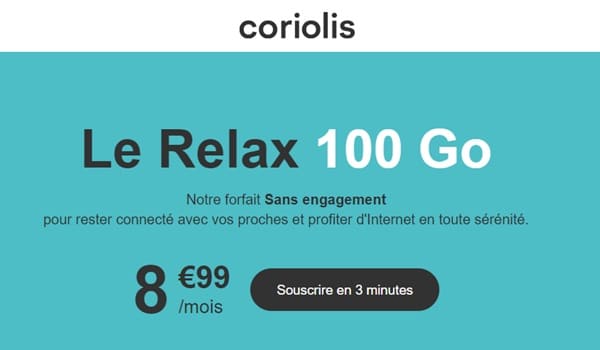 Forfait mobile Relax 100 Go Coriolis pour seulement 8,99€