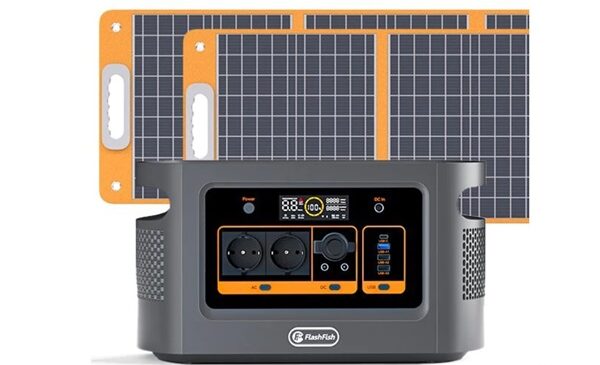 station alimentation portable 1200w flashfish avec 2 panneaux solaires