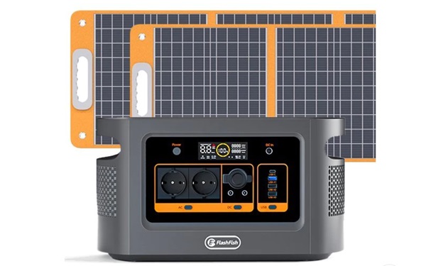 station alimentation portable 1200w flashfish avec 2 panneaux solaires