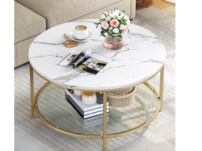 table basse ronde motif marbre yitahome chic, pratique et petit prix
