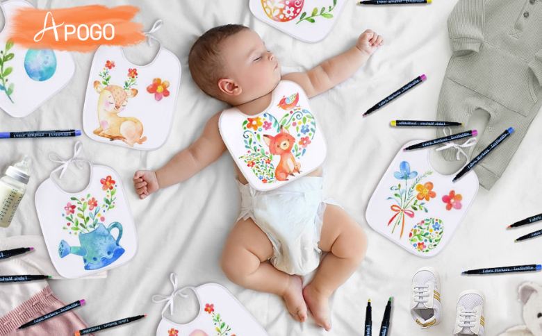 Lot de 12 bavoirs à personnaliser à 6,99 € : promotion kit créatif avec feutres et pochoirs pour baby shower lot de 12 bavoirs à personnaliser