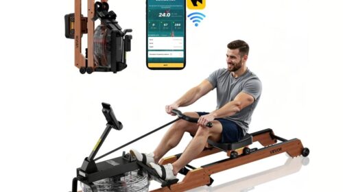 Rameur silencieux à résistance à eau VEVOR en promotion à 212,70 € : entraînement fluide, immersion totale et structure en bois