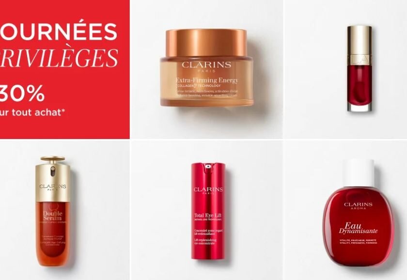 Clarins Golden Week : −30 % sur tout le site pendant les Journées Privilèges 30 % de réduction sur tout le site clarins.