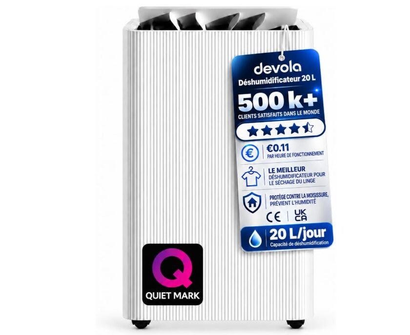 Promotion Devola à 142,49 € : un déshumidificateur 20 L avec filtre charbon pour assainir l’air déshumidificateur 20 l avec filtre charbon